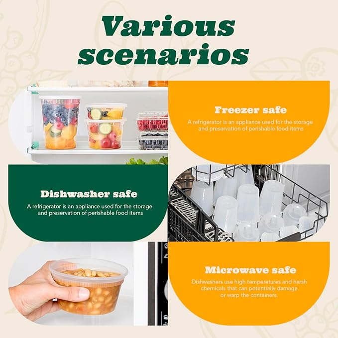 Glotoch 48 Pack (Mixed) 8 oz. and 16 oz. Plastic Containers with Lids, Leak Proof Deli Containers, Meal Prep Soup Containers, BPA Free, Reusable, Freezer Dishwasher Microwave Safe, Mixed sizes