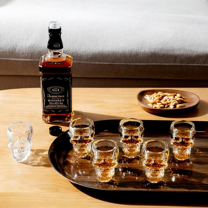 MyGift Set of 6 Skull Shot Glasses – 2.8 oz Clear Glass Novelty Drinkware for Halloween Parties, Cocktail Bars & Home Decor – Spooky 3D Skull Design