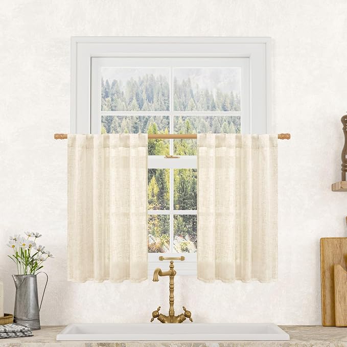Beige Linen Kitchen Curtains 30 Inch Length by LAMIT