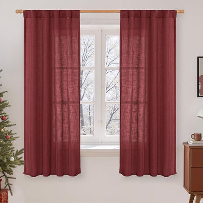 Burgundy Red Semi Sheer Window Linen Curtains 63 Inch Length | Light Filtering by LAMIT