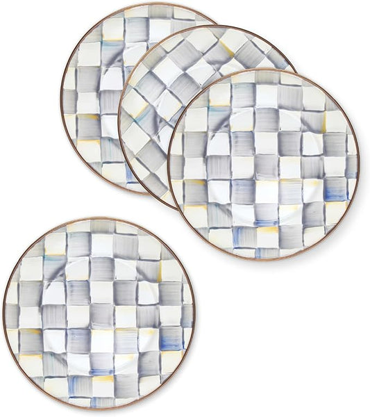MACKENZIE-CHILDS Enamel Salad and Dessert Plate, Small Plate for a Dessert or Appetizer Dish, 8 Inches, Set of 4, Gray-and-White Sterling Check
