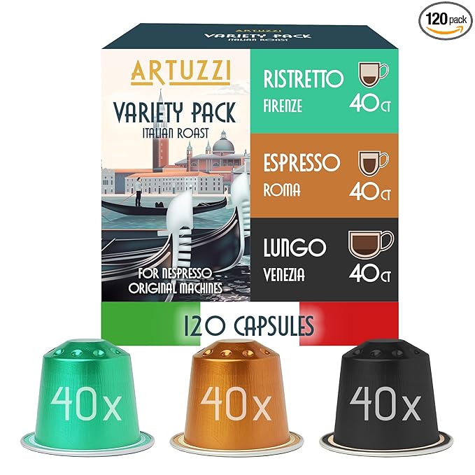 Artuzzi 120ct Compatible Nespresso Coffee Pods For Nespresso Original Machines | Espresso Ristretto Lungo Coffee Capsules | Espresso Variety Pack I Aluminum & Recyclable