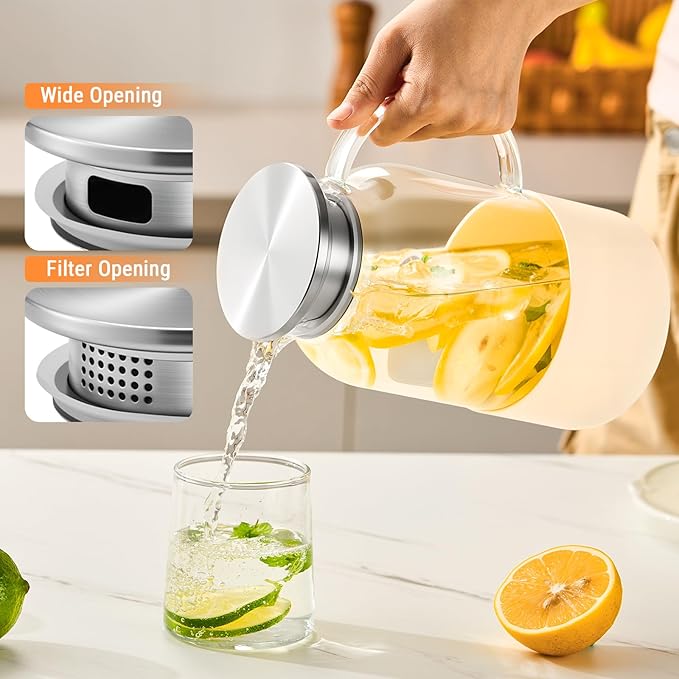 PARACITY Water Jug Water Pitcher with Silicone Base 61oz/ 1.8L, Hot& Cold Glass Pitcher with Lid and Handle, Glass Carafe with Lid for Coffee, Juice, Lemonade and Milk (Off-white base)