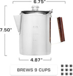 COLETTI Bozeman Percolator Coffee Pot — NO Aluminum or Plastic [9 cup]