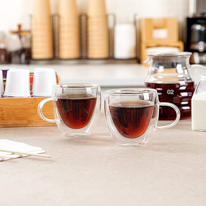 Restaurantware-Forma Professional 5.1 Ounce Glass Coffee Cups, 12 Insulated Coffee Cups With Handle - Dishwashable, Reusable, Clear Double Wall Beverage Tumblers, Freezable, For Hot Or Cold Beverages