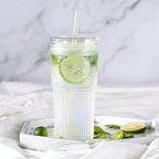 Colorful High Borosilicate Glass Cups With Lids and Glass Straws，20 OZ Rainbow Iced Coffee Water Tumbler Smoothie