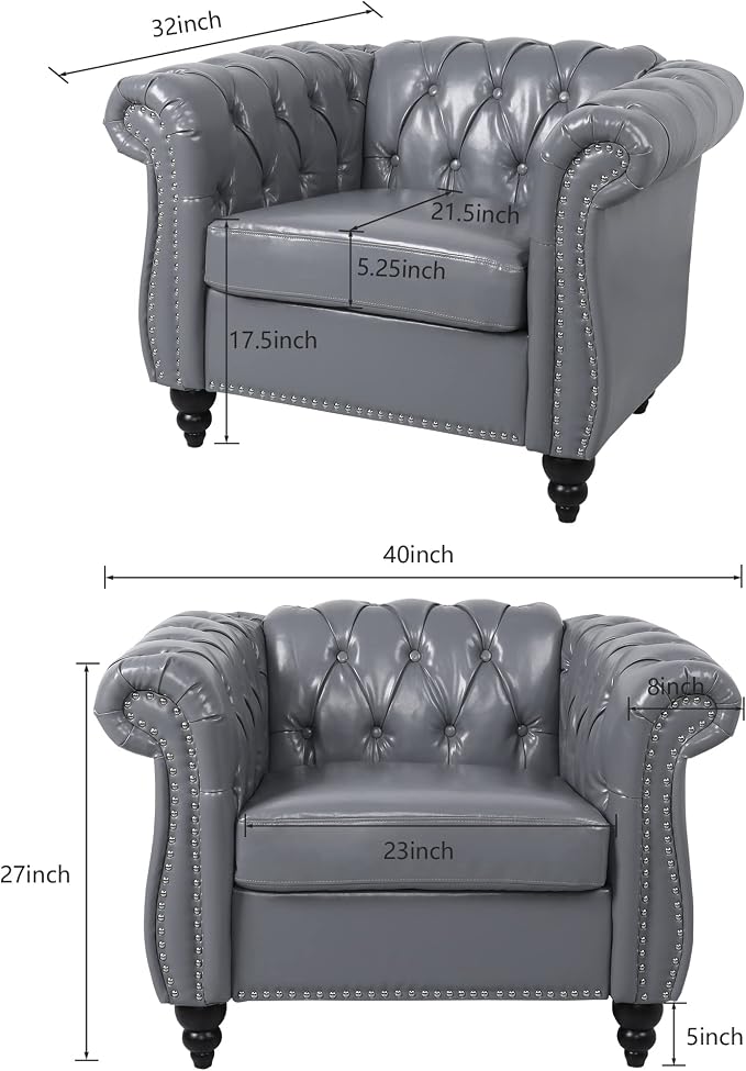 ORRD 3 Piece Living Room Set, Chesterfield Leather Sofa Loveseat Couch Chair - Image 7