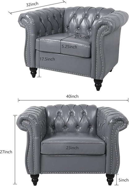ORRD 3 Piece Living Room Set, Chesterfield Leather Sofa Loveseat Couch Chair - Image 7