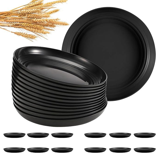 12 Pcs Unbreakable Deep Dinner Plates Set, 9 inch Reusable Plastic Wheat Straw Plates, Microwave and Dishwasher Safe Plate for Kitchen, Lightweight Plate for Dessert, BPA Free, Black