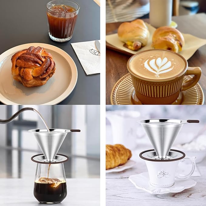 Reusable Paperless Coffee Filter V60,Coffee Dripper,Professional Stainless Steel Drip Cone Brew Coffee Strainer,Double Micro Mesh Filter,Coffee Filter Mug,Silicone Handle & Non-Slip Silicone Base (S)