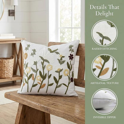 Neutral Floral Embroidered Throw Pillow Covers 20x20 Inch White Daisy Camel - Image 5