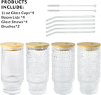 4 Pcs 11 oz Drinking Glasses Cups Set with Bamboo Lids Straws Brush Small Glassware Set for Mojito Iced Coffee Cocktail Whiskey(4 Mixed Pattern)