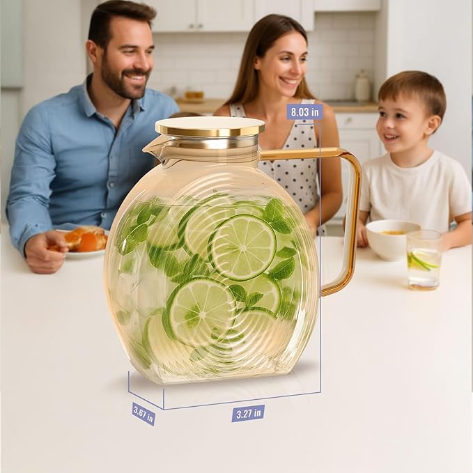 Glass Pitcher With Lid, 2.0 Liter 68 oz Glass Water Pitcher For Fridge, 0.53 Gallon Pitchers With Handle And Lid, Tea Jug Carafe Jar For Hot/Iced Water Milk Juice Coffee Fruit