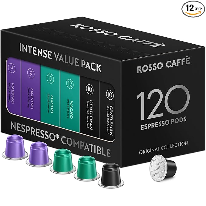 ROSSO CAFFÈ 120 Espresso Coffee Pods for Nespresso Original Machines - Value Intense Pack of Rich and Bold Capsules, 3 Premium Dark Roasts Flavors (Intensity 9-12)