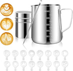 Stainless Steel Milk Frothing Pitcher 20oz/600ml for Milk Cappuccino Coffee Stencils Latte Art, Milk Jug Cup with Decorating Art Pen, Powder Shaker, 16 Pieces Coffee Decorating Stencils