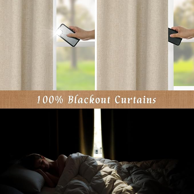 100% Blackout Short Linen Curtains 48 Inches Long, 2 Panels, Linen | Thermal - Image 3