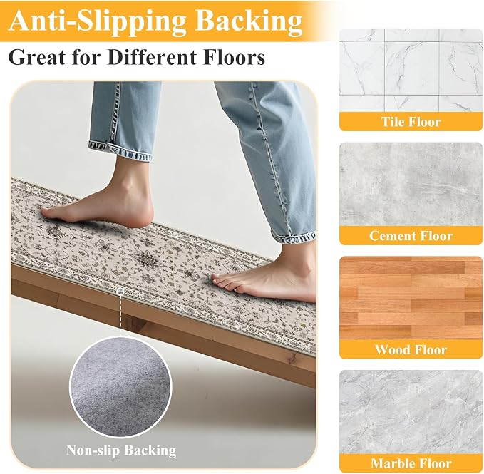 HEBE Hallway Runner Rug 2'x6', Washable Non Slip Kitchen Rug Runner | Soft Boho - Image 3