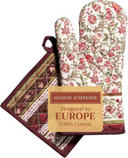 Maison d' Hermine 100% Cotton Oven Mitt & Pot Holder Set (7.5"x13" & 8"x8") Heat Resistant BBQ Cooking Gloves with Loop, Baking, Grilling, Kitchen, Handling Hot Pans (Reveillon Au Jardin)