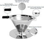 Pour Over Coffee Dripper-Stainless Steel Coffee Filter,Reusable Drip Cone Coffee Filter Portable Pour for 1-4 Cup (With Base, L)
