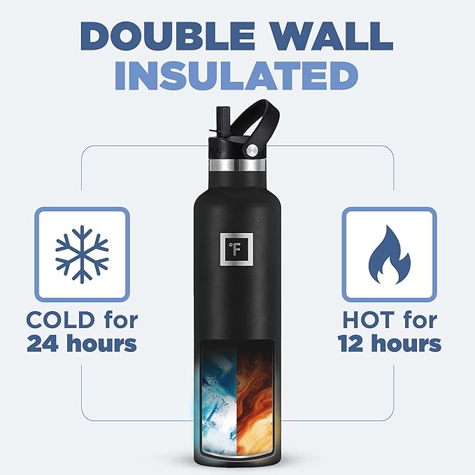 IRON °FLASK Camping & Hiking Hydration Canteens - 3 Lids (Narrow Straw Lid) Leak Proof Vacuum Insulated Stainless Steel - Hot & Cold Double Walled Sports Water Bottle - Dark Night, 24 Oz