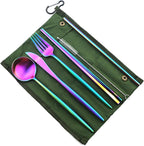 Gugrida Reusable Travel Utensils, 7 Piece Portable 304 Stainless Steel including Knife Fork Spoon Chopsticks Cleaning Brush Straws Portable Pouch, Eco-friendly Camping Silverware Set, Dishwasher Safe