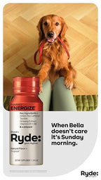 Ryde: Energize Shot | Tropical Flavor | Green Tea Caffeine, Taurine, Ginseng Extract & B Vitamins | 0 Calories, 0 Sugar | 2 FL OZ Shots | Boosts energy* (8 Pack)