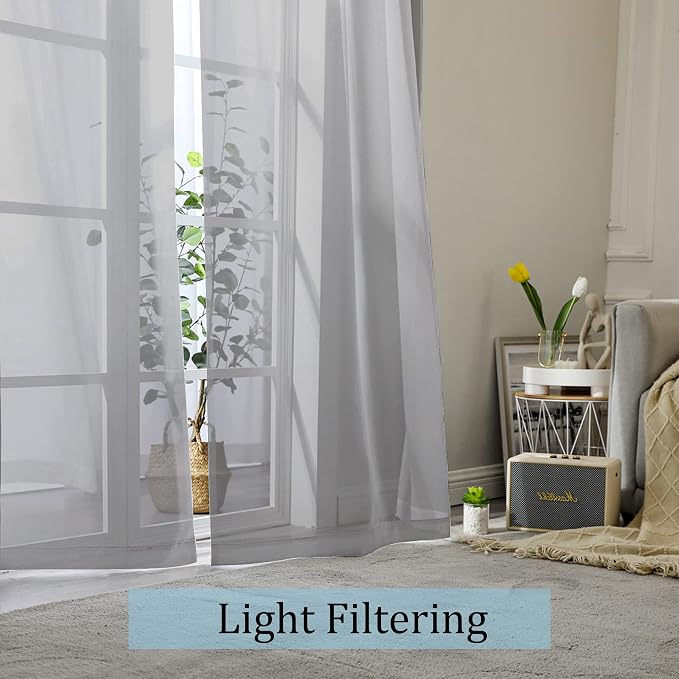 Gray Sheer Curtains, Sheer Curtains 63 inch Length 2 Panels Set, Rod Pocket - Image 2