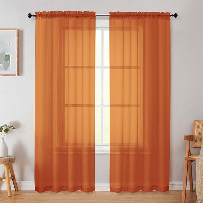 Orange Sheer Curtain for Bedroom Living Room 78 Inches Long 2 Panels Set by WelvetBLK