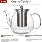1100ml Glass Teapot with Removable Infuser,37oz Borosilicate Clear Tea Kettle,Stovetop Microwave Safe,Blooming and Loose Leaf Tea Maker Gift