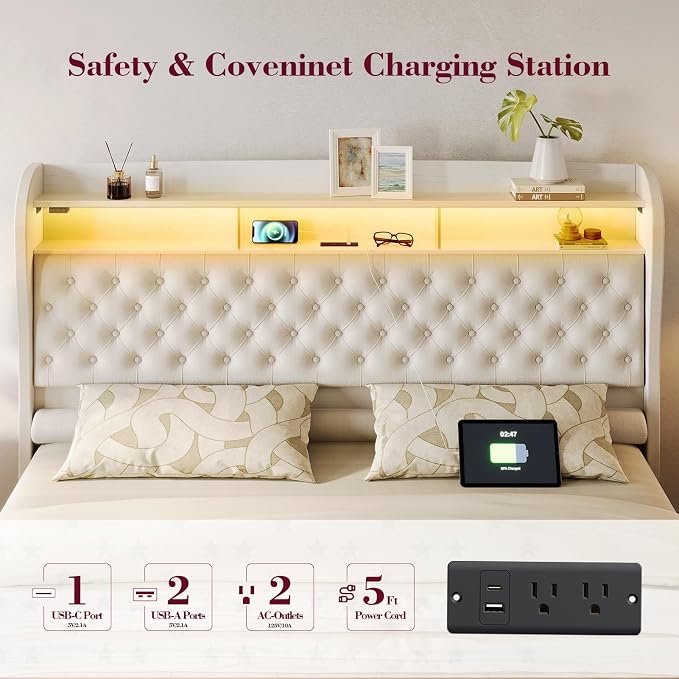 ROCHECASA Bed Frame with Storage and Charging Station, 50.6" Tall Velvet - Image 4