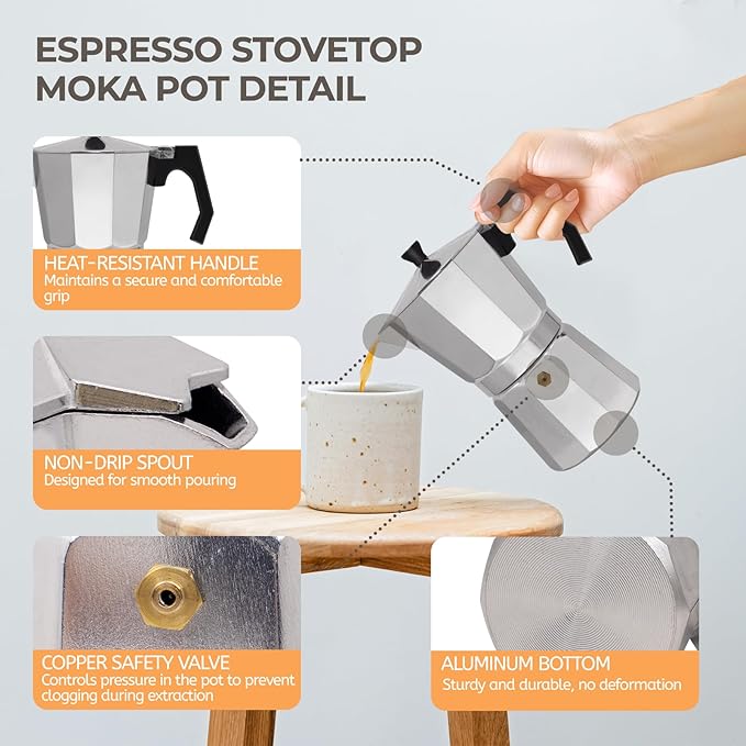 Aluminum Moka Pot Express Coffee Maker Stovetop Espresso Percolator Coffeemaker Italian Classic Style Brewing Greca Cafe Mocha Machine for Cafeteras Lover Camping Travel and Home Use (14 Cup)