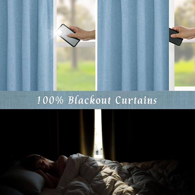 Blue 100% Blackout Linen Curtains 84 Inch 2 Panels - Image 3