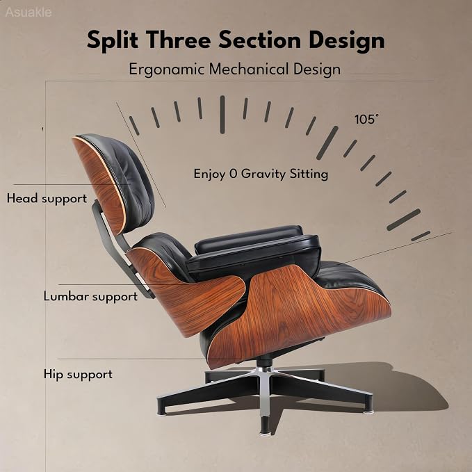 Top Black Grain Leather, Mid Century Chaise Lounge Chair and Ottoman, Accent - Image 7