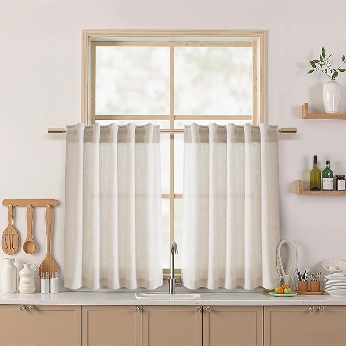 Beige Curtains for Kitchen Windows Over Sink 36 inch Length Rustic Farmhouse by Nanspring