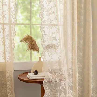 YJ YANJUN Vintage Lace Curtains 102 Inch Long-Victorian Floral Pattern Beige - Image 4