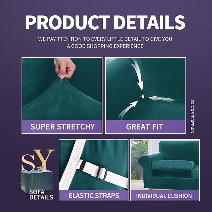 ZNSAYOTX Luxury Velvet Couch Cover 4 Piece Stretch Sofa Covers - Image 4