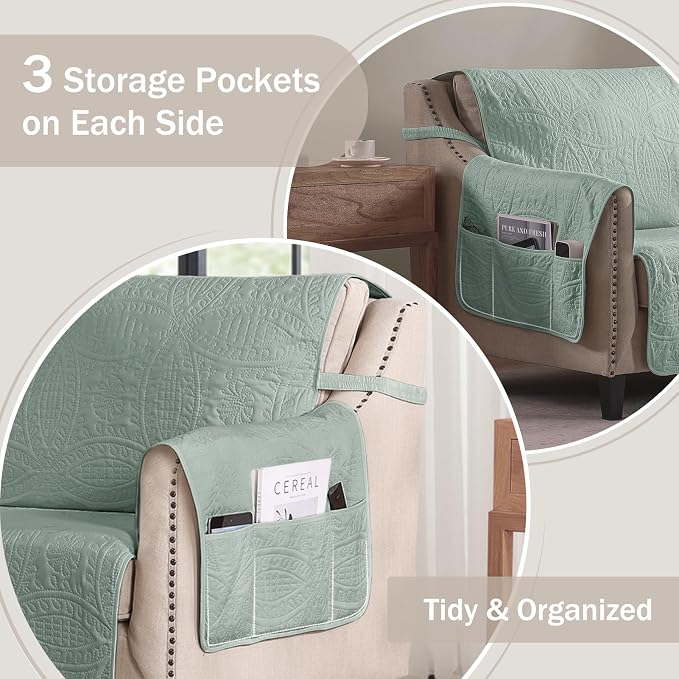 Sage Blue Quilted Sofa Cover, Anti-Slip Medallion Designed Couch Covers - Image 4