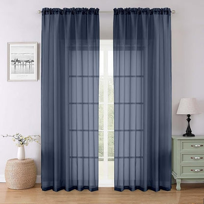 Navy Blue Sheer Curtains 90 Inches Long 2 Pcs, Soft Airy Light Filtering Home by Lecloud