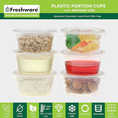 Freshware Plastic Portion Cups with Lids [2 Ounce, 400 Set] Disposable Plastic Cups for Meal Prep, Salad Dressing, Jellos Shot Cup, Condiment and Dipping Sauce Cup