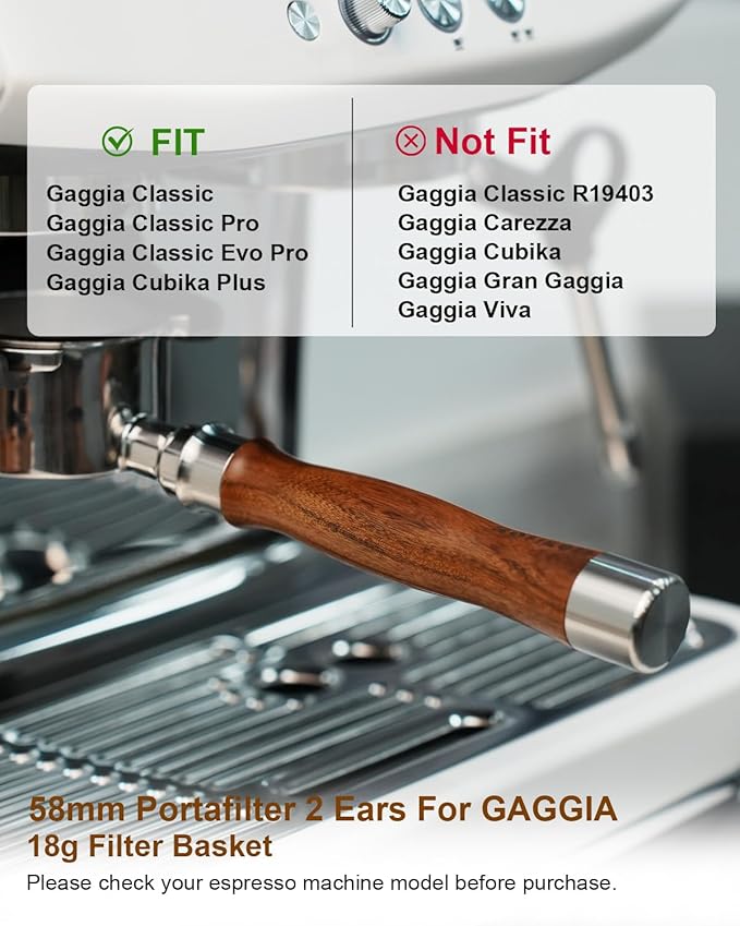 58mm Bottomless Portafilter For Gaggia, 2 Ears Slim Naked Portafilter Fits Gaggia Espresso Coffee Machines with Stainless Steel Head and 18g Filter Basket and Puck Screen - Rosewood Handle