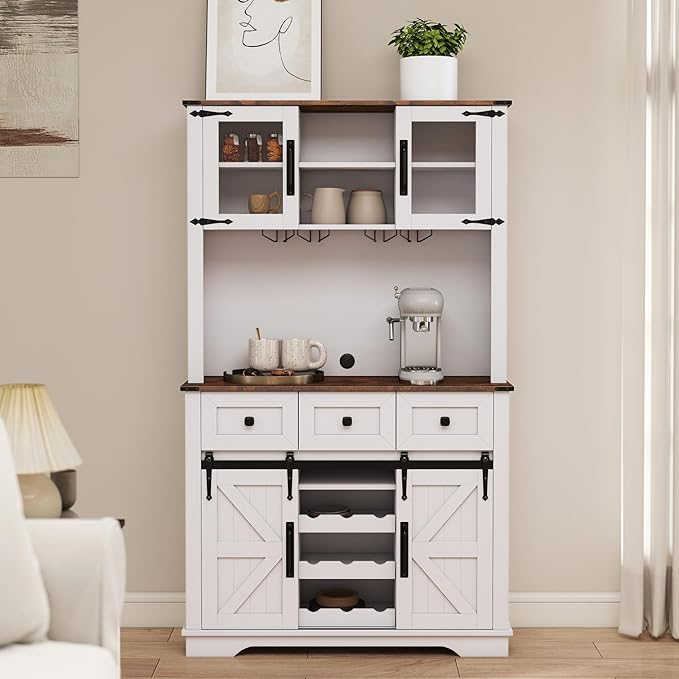 Coffee Bar Cabinet with Sliding Barn Doors 71'' Farmhouse White Pantry Cabinet with Drawers & Wine Glass Rack Rustic Buffet Cabinet for Kitchen, Brown
