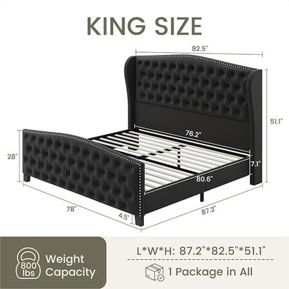 LARMACE King Size Bed Frame Velvet Upholstered Platform Bed - Image 2