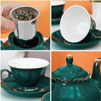 CHENP.HMC Tea Set 22-Piece Porcelain Ceramic Coffee Tea Sets Cups Saucer Service for 6 Teapot Sugar Bowl Creamer Pitcher and Teaspoons Porcelain Tea Set(Dark Green)