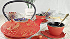 7PC Japanese Tea Set."Red Koi" Cast Iron Tea Pot with 2 Tea Cups, 2 Saucers, Tea Infuser and Teapot Trivet. Ceremonial Matcha Accessories