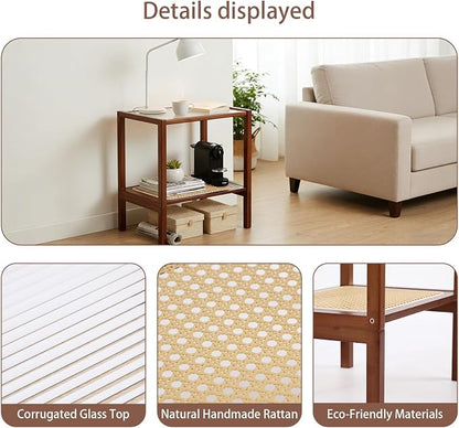 Tiita Rattan Side Table, Mid Century Nightstand, 2-Tier Bamboo Accent Bedside - Image 4