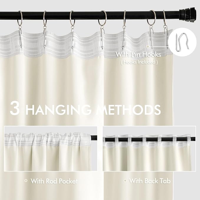 MIULEE Cream Back Tab Blackout Curtains 52x120 Inch Long 2 Panels Set | Rod - Image 3