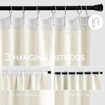 MIULEE Cream Back Tab Blackout Curtains 52x90 Inch Long 2 Panels Set | Rod - Image 3