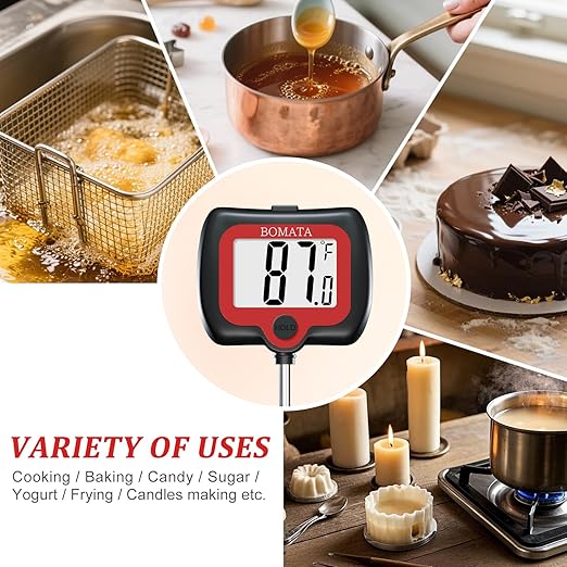 BOMATA Candy Thermometer with Pot Clip, Instant Read Cooking Thermometer with 8" Long Probe, Rotating Display, for Candy Making, Food, Candle Making, Liquids, Water, Baking, Sugar, Grilling. Black