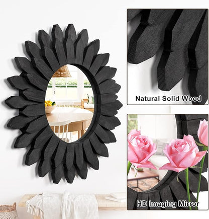 Emfogo Wall Mirror 12 inch Rustic Wood Sunburst Boho Mirror Farmhouse Wall - Image 5