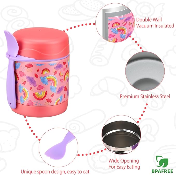 10oz Soup Thermo for Hot Food Kids,Lunch Thermo Kids Food Jar with Spoon Hot Insulated Food Containers,Leak Proof Stainless Steel Wide Mouth Lunch Food Thermo Jar for School(Pink-Rainbow)